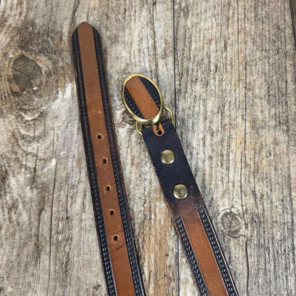 Vintage 80s BTS Leather Belt Brown Black Tooled Western Solid Brass Buckle